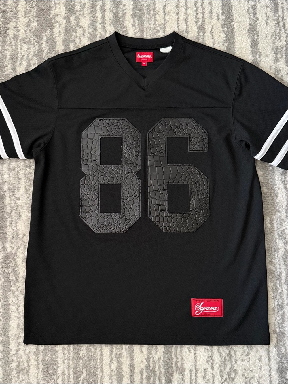 Supreme Black Mesh 86 Appliqué Jersey with White Sleeve Stripes